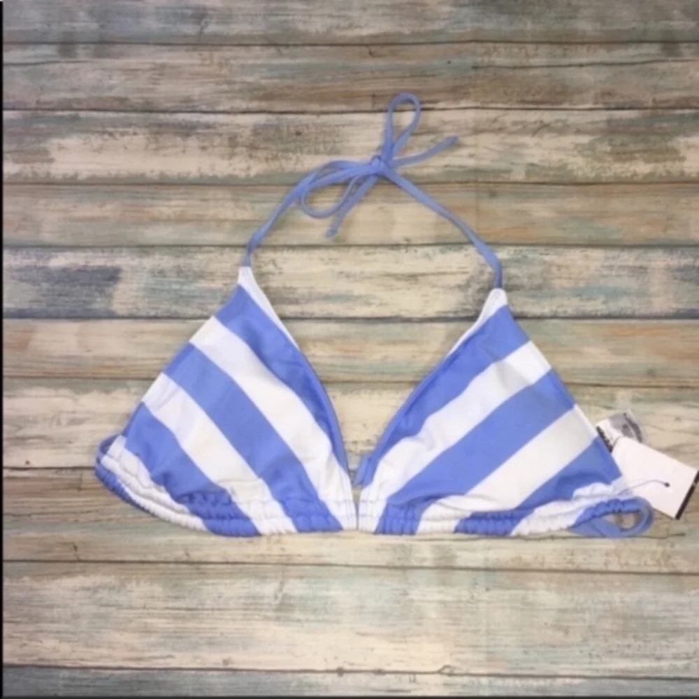 Mossimo Light Blue White Striped Triangle Bikini Top Medium Halter Nautical Swim - Picture 2 of 4